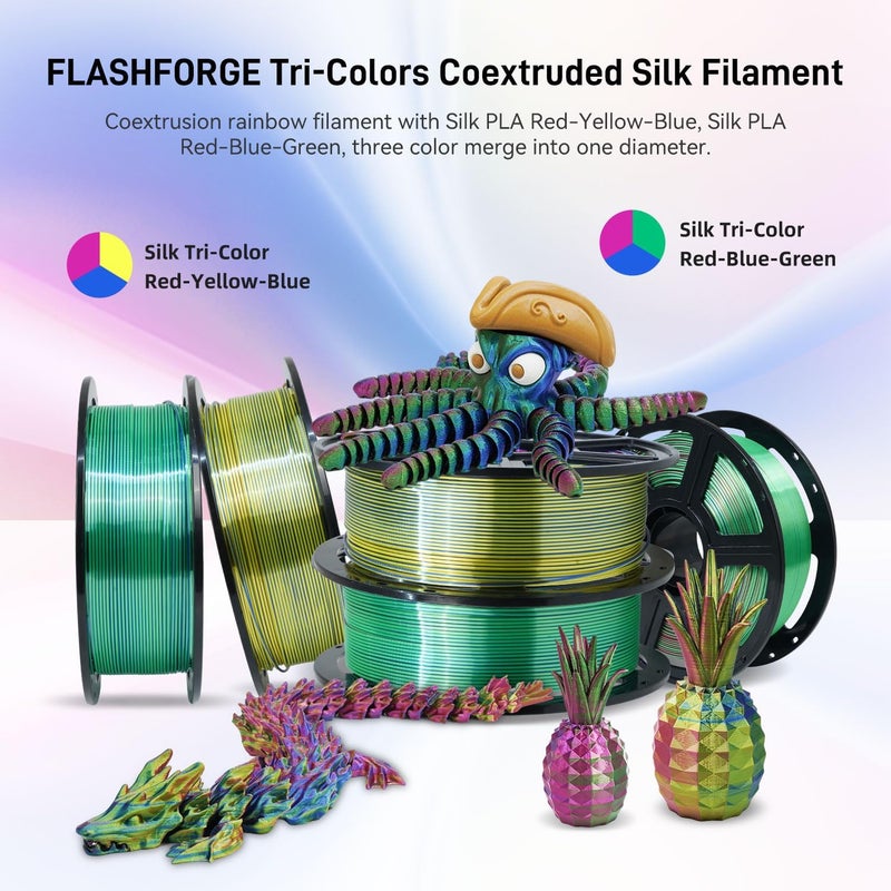 FLASHFORGE خيوط PLA ثلاثية الألوان من الحرير 1.75 مم، ثلاثي الألوان الأحمر والأزرق والأخضر، قوس قزح، 1 كجم، خيوط طابعة ثلاثية الأبعاد - Image 2
